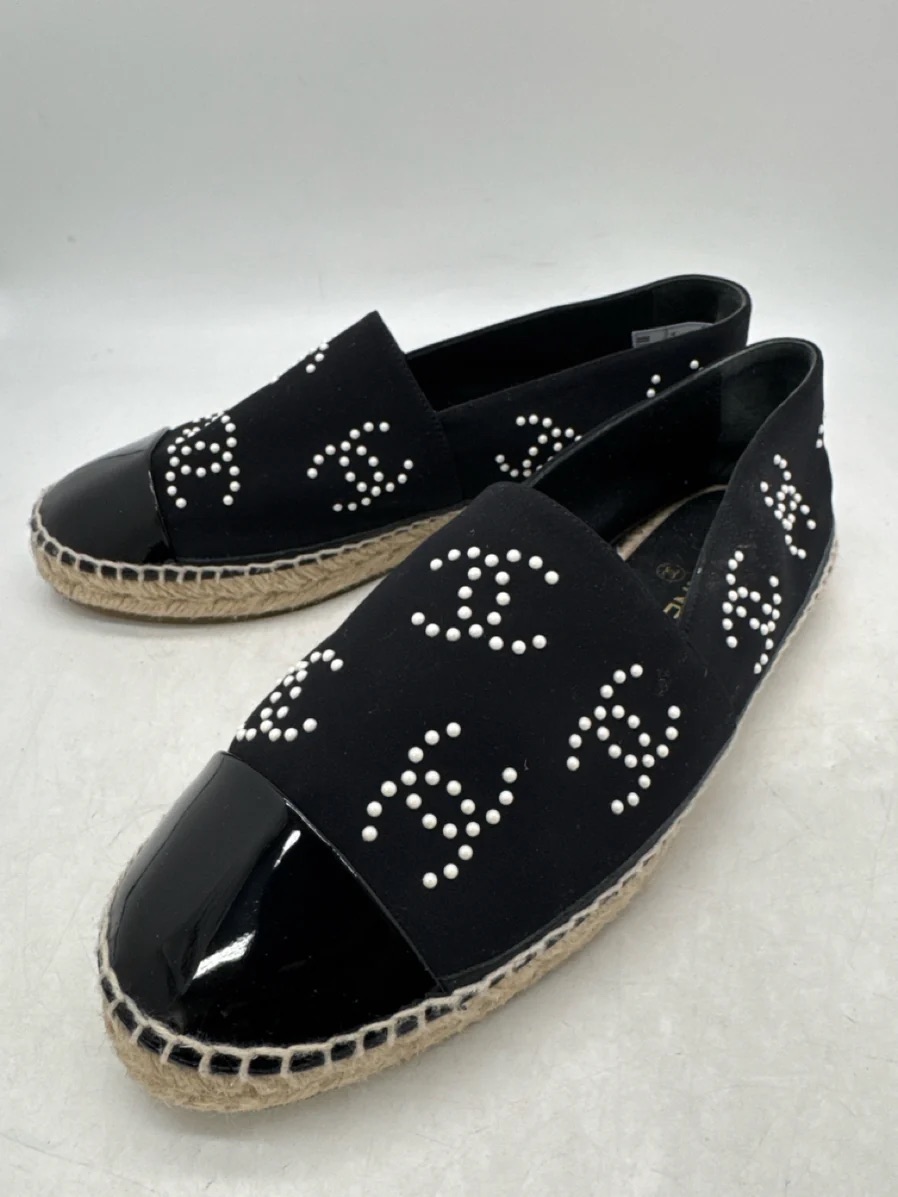Chanel Black Pearl-Studded Espadrille Flats